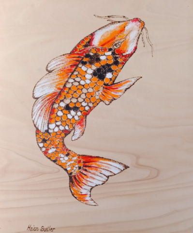 Koi Carp - pyrography and paint