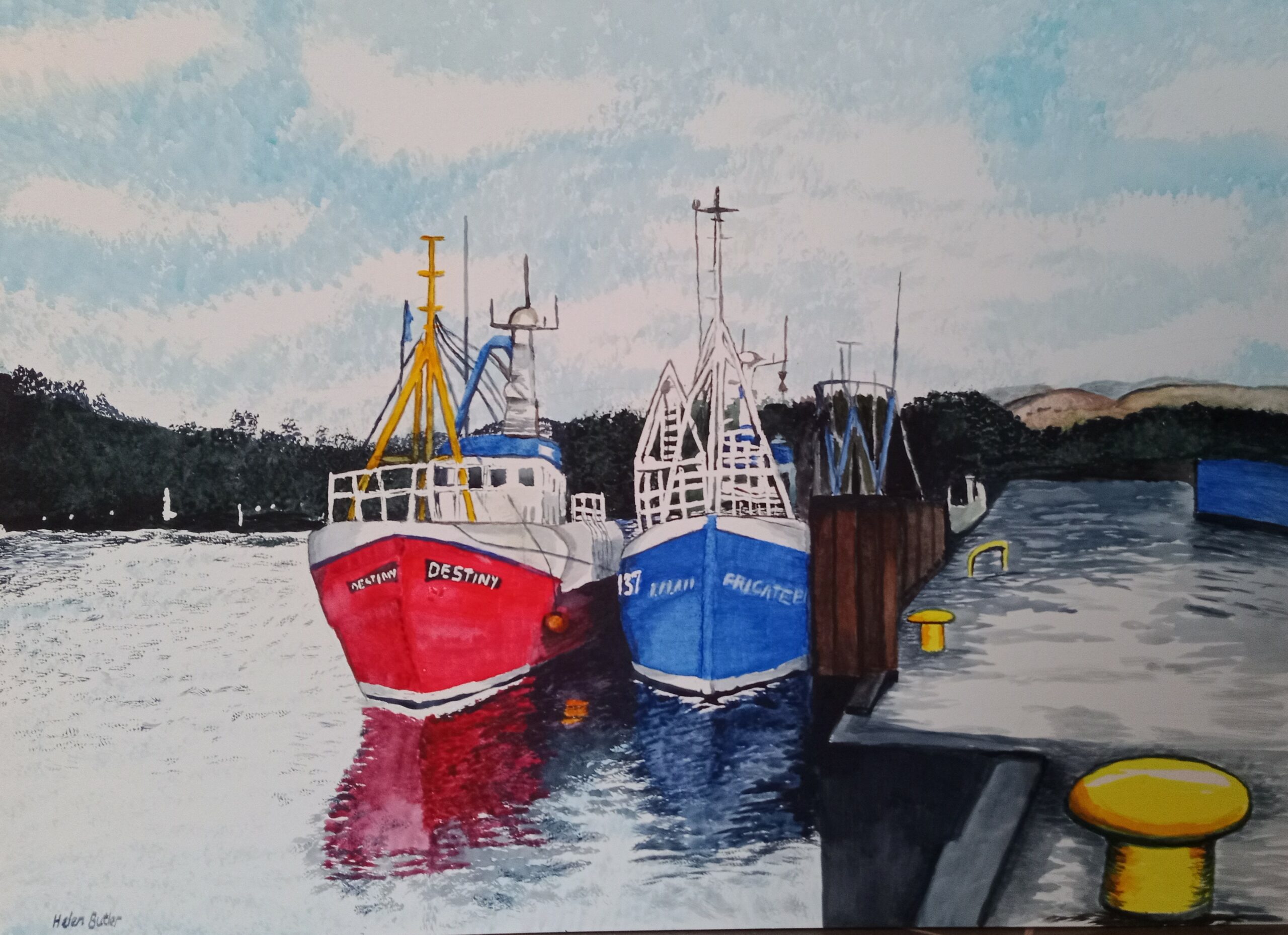 A1 watercolour of the boats in Tarbert