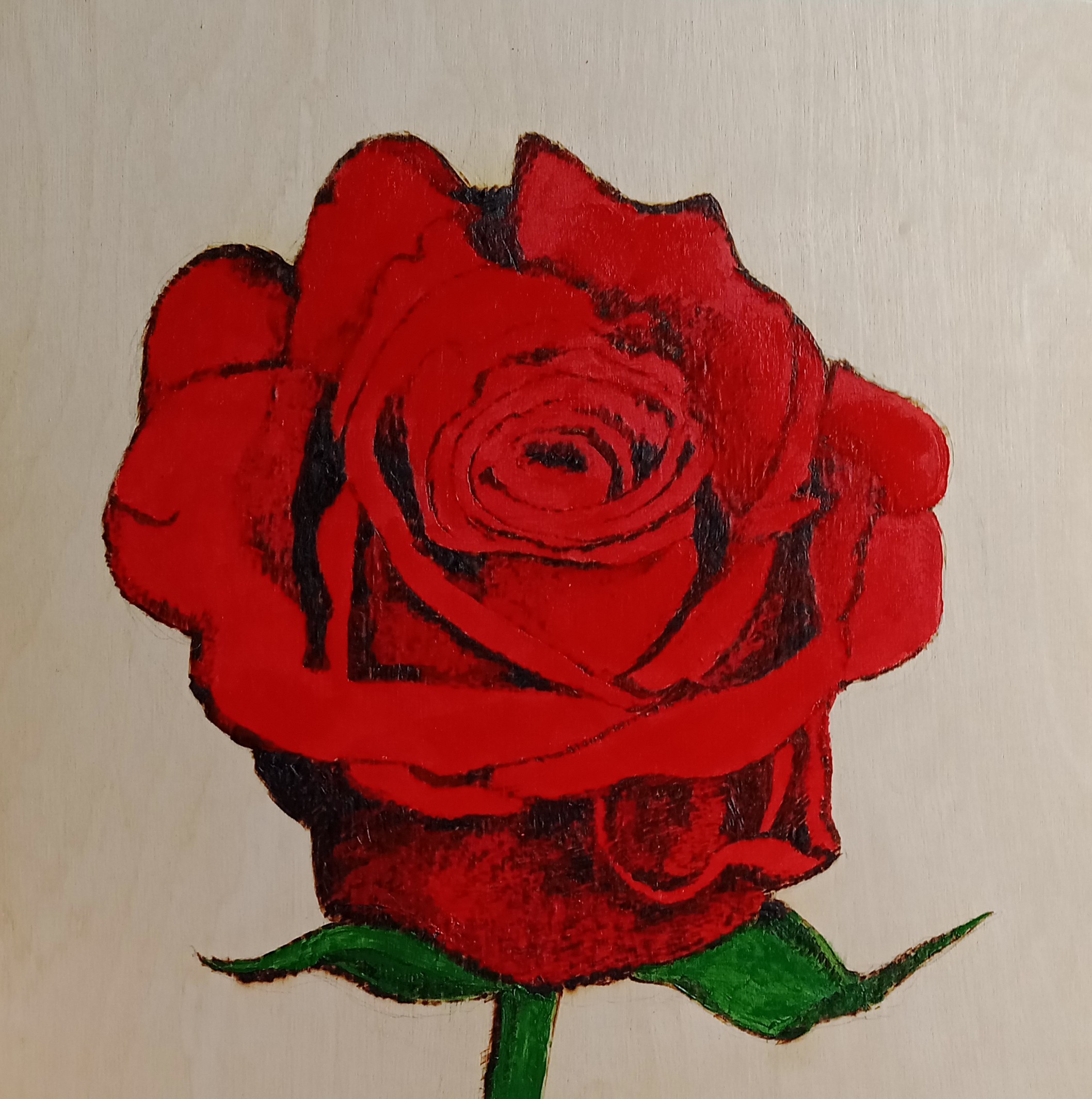 Rose - wooden panel - pyrography and acrylic