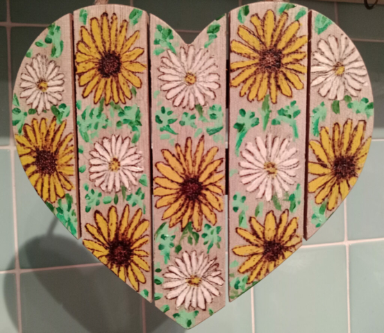 Sunflowers and daisies wooden heart