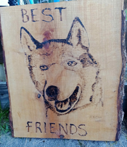 Best Friends Husky Pyrography Creation with tung oil coating