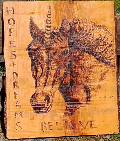 Pyrography Unicorn coated in tung oil