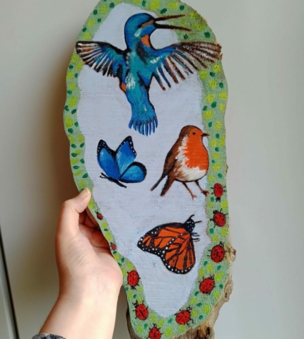 Kingfisher, robin and butterflies