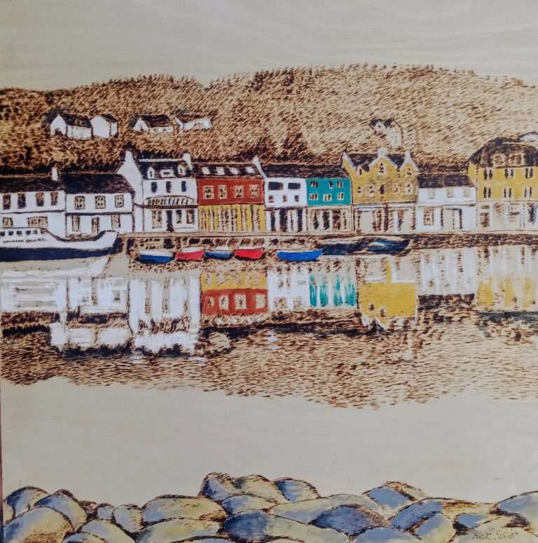 Tarbert, Argyll, pyrography and acrylic paint