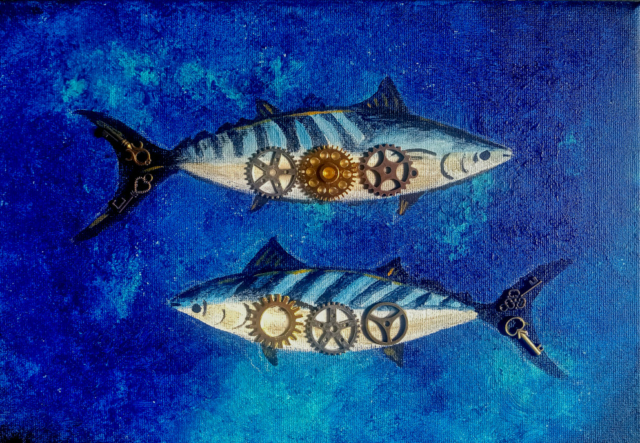 Steampunk Mackerel. Mixed media wall art on canvas