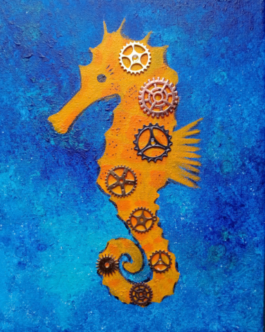 Mixed media steampunk seahorse wall art. Acrylic on canvas